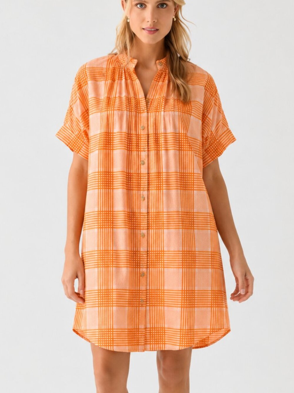 Never a Wallflower NEW Orange Plaid Elastic Sleeve Oversized Shirt Dress SZ XS